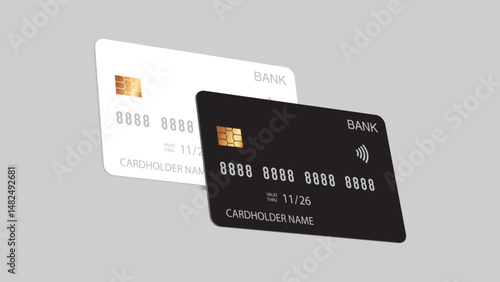 Black and White Credit Card Mockup with Chip and Contactless Icon on Gray Background. Vector.