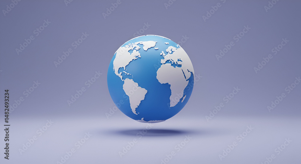 3D model of the Earth displayed in a simple light-purple studio setting. Floating globe with map detail, visually representing Earth. 3D model of the Earth displayed in a simple light-purple studio setting. Floating globe with map detail, visually representing Earth.