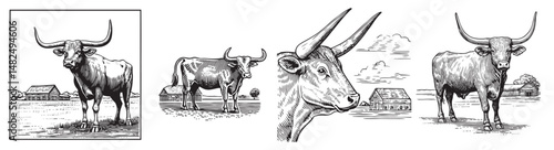 Vintage Style Black and White Illustrations of Cattle and Farm Life, logo design, engraving design, vector illustration