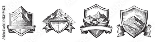 Vintage Mountain Badge Collection for Outdoor Adventure Themes, logo design, engraving design, vector illustration