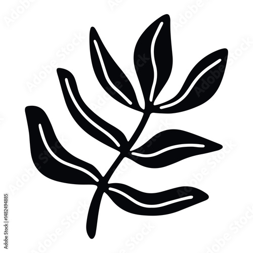 Modern doodle-style leaf icon in pure black, isolated for effortless integration into vector packs and decorative assets