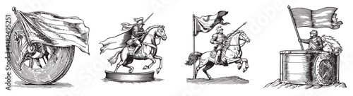 Historical Illustrations of Knights with Flags and Banners in Action, vintage retro hipster logo design, vector illustration, engraving design