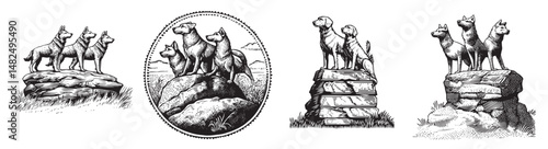 Vintage Illustration of Dogs on Rocks in Various Poses and Styles, vintage retro hipster logo design, vector illustration, engraving design