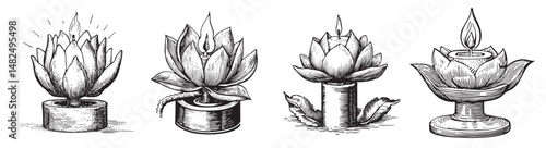 Illustrations of Lotus Flowers with Candle Designs for Decoration, vintage retro hipster logo design, vector illustration, engraving design