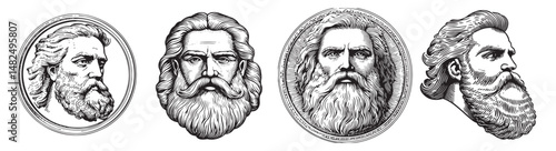 Vintage Engravings of Distinguished Bearded Men Portraits, vintage retro hipster logo design, vector illustration, engraving design