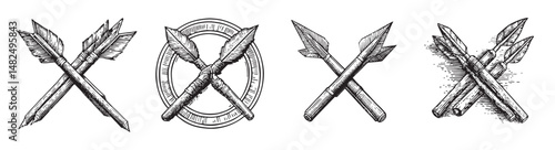 Vintage Artistic Design of Crossed Pens and Arrows for Decoration, Set Logo design, Vector Illustration, Engraving style