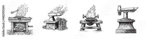 Vintage Blacksmith Workshop Tools with Flames and Forge Equipment, Set Logo design, Vector Illustration, Engraving style