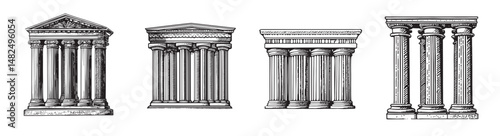 Classic Architectural Pillars and Structures in Black and White Design, Set Logo design, Vector Illustration, Engraving style