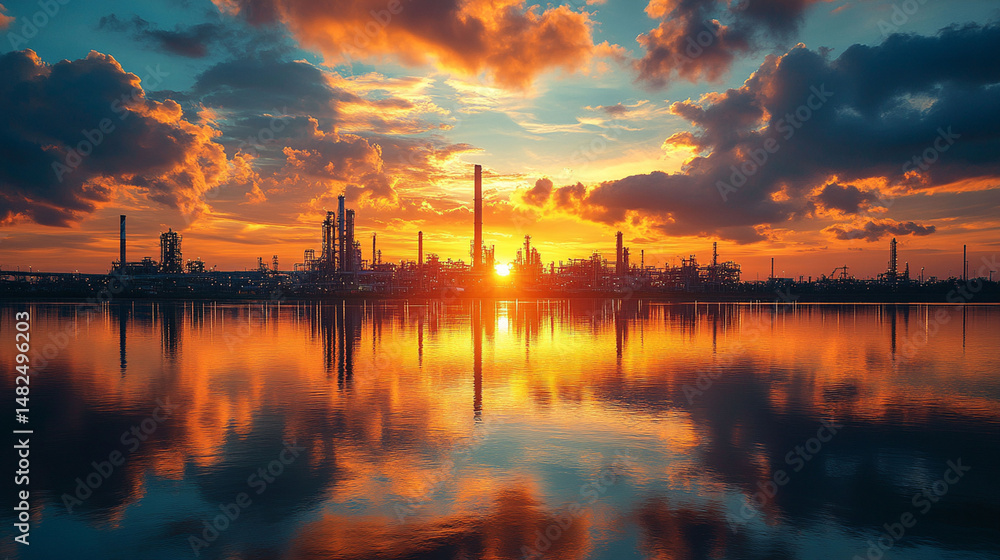Naklejka premium Industrial refinery complex at sunset reflected in calm water.