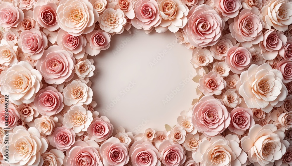 Delicate paper rose arrangement framing a light beige space. Delicate paper rose arrangement framing a light beige space.