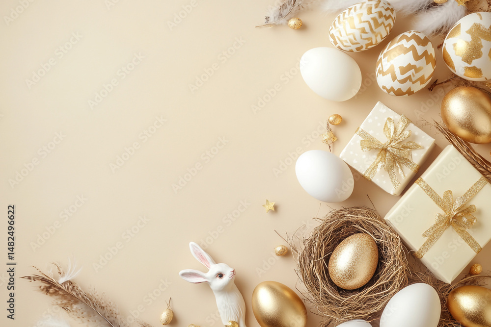 Obraz premium Elegant Easter eggs gifts bunny and feathers on beige background