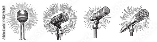 Vintage Microphones with Radiating Burst Effects for Music Themes, Set Logo design, Vector Illustration, Engraving style
