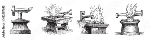 Vintage Blacksmithing Tools and Techniques Engravings and Illustrations, Set Logo design, Vector Illustration, Engraving style