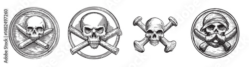 Vintage Skull and Crossbones Designs for Pirate Theme Artwork, Set Logo design, Vector Illustration, Engraving style