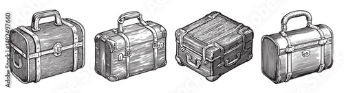 Vintage Luggage Collection with Different Styles and Designs, Set Logo design, Vector Illustration, Engraving style