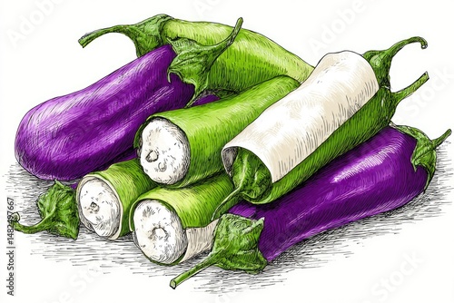 purple eggplants and green vegetables, food art clip art preview