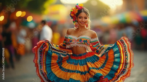 mexican young woman in national dress with full skirt and flowers in hair dances on blurred background of festive street of mexico city, day of the dead, cinco de mayo
