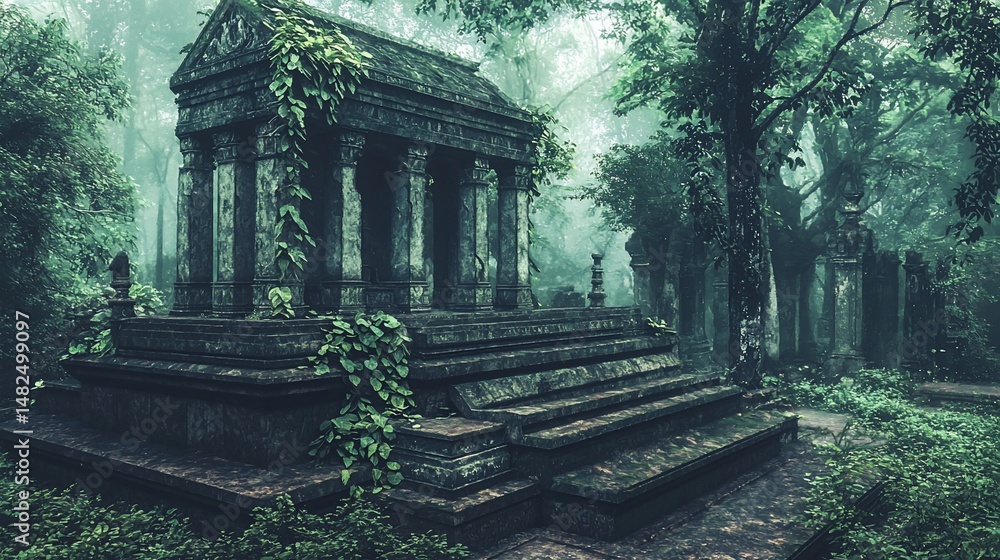 Obraz premium Ancient temple in the lush rainforest shrouded by mist and vegetation
