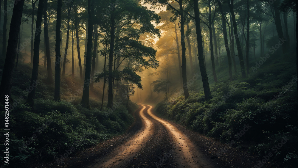 Naklejka premium Winding dirt road leading into a misty forest at dawn