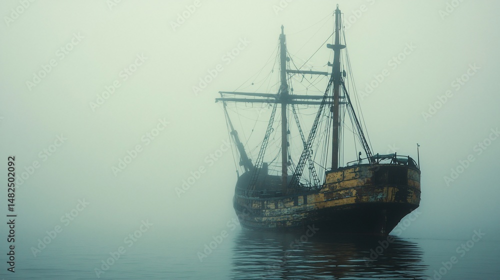 Ghostly galleon: A weathered ship emerges from the ethereal mist at sea Ghostly galleon: A weathered ship emerges from the ethereal mist at sea