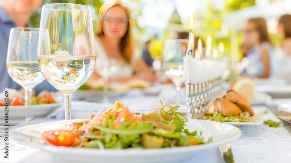 Outdoor dining experience with gourmet dishes, wine glasses, and cheerful atmosphere in a bright garden setting Outdoor dining experience with gourmet dishes, wine glasses, and cheerful atmosphere in a bright garden setting