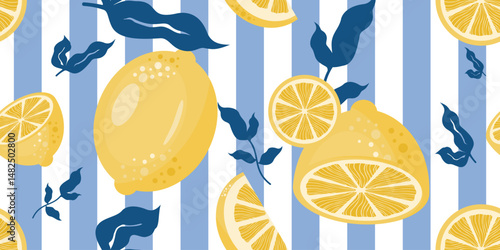 Seamless lemon pattern with blue striped background, perfect for summer design, packaging, textile, or wrapping paper.