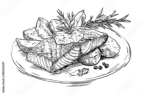 Grilled Salmon Sketch Delicious meal with potatoes and herbs on a plate.
