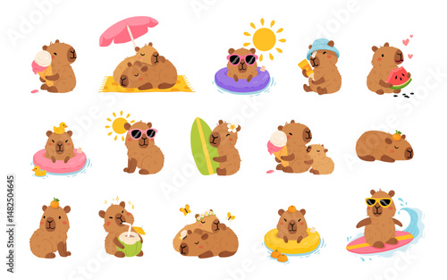 Set of cute summer capybaras in various poses and items. Hand drawn cartoon flat style. Vacation seasonal template for design, kids collection