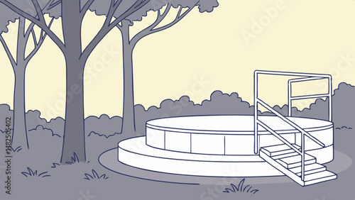 Vector white circular podium stands in center of outdoor park, surrounded by trees and greenery, creating serene atmosphere