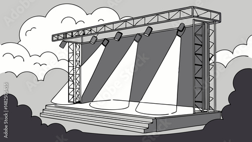 Vector minimalist empty stage with spotlights shining down, set against cloudy background, evokes anticipation