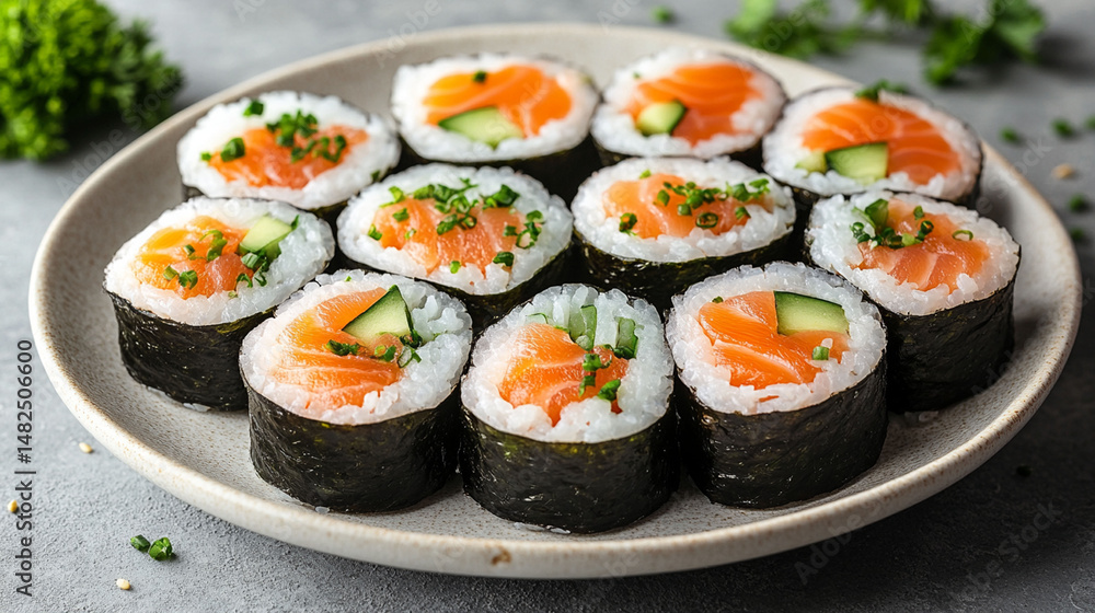Fresh salmon sushi rolls with rice and cucumber on a plate. Delicious Japanese food. Healthy eating. Restaurant quality. Fresh salmon sushi rolls with rice and cucumber on a plate. Delicious Japanese food. Healthy eating. Restaurant quality.