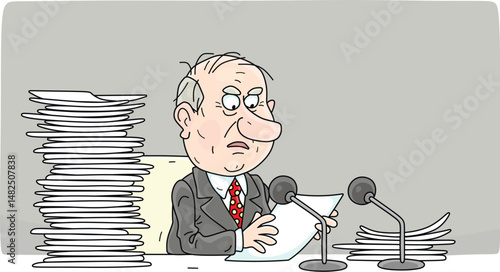 Discontented government official sitting near a pile of paper sheets and reading a very long text of his very important speech at a conference, vector cartoon illustration