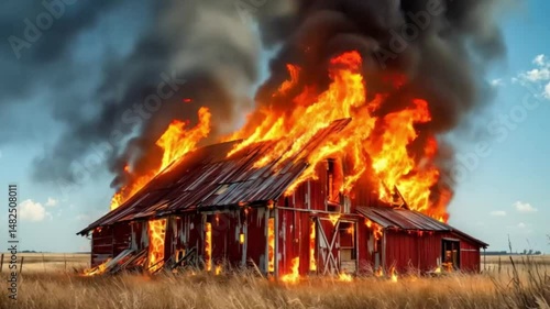Red barn engulfed in flames with smoke against blue sky