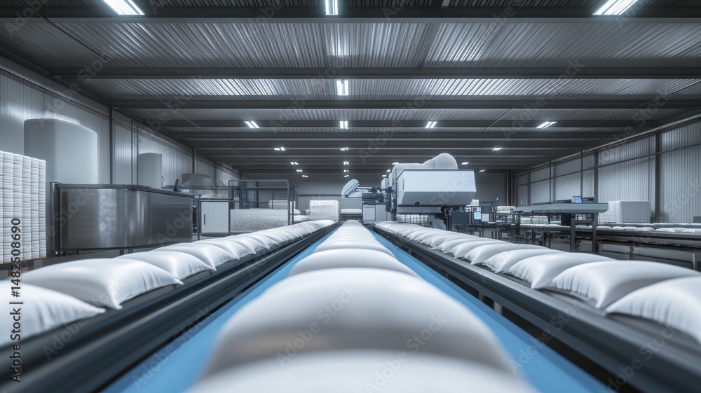 Fototapeta premium Sterile factory interior filled with neatly arranged sterile pillows on a conveyor belt under bright lighting in a modern industrial setting