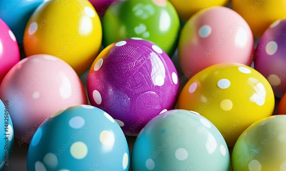Close Up of Easter Eggs Featuring Pink Purple Green and Yellow Hues Adorned with White Polka Dots Macro Photography Close Up of Easter Eggs Featuring Pink Purple Green and Yellow Hues Adorned with White Polka Dots Macro Photography