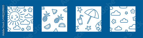 Cartoon seamless patterns of beach umbrellas, sun, pineapples and summer items