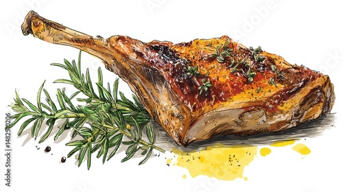 Roasted Lamb Leg A Watercolor Culinary Delight with Rosemary and Thyme.
