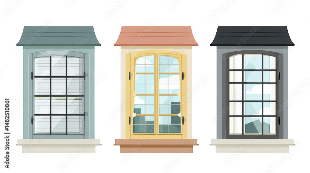 Fototapeta premium Three distinct window designs showcasing different styles and colors with a cityscape backdrop