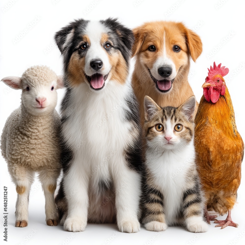 Obraz premium A Group of Diverse Farm Animals Posing Together on a White Background, Including Dogs, a Cat, a Sheep, and a Rooster