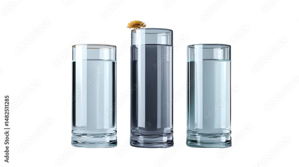 Three glasses of water with varying levels and a lemon slice on the second glass, set against a neutral background Three glasses of water with varying levels and a lemon slice on the second glass, set against a neutral background