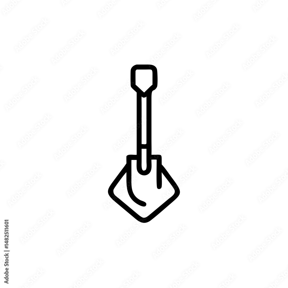Shovel icon in minimalist style with black outline on white background Shovel icon in minimalist style with black outline on white background
