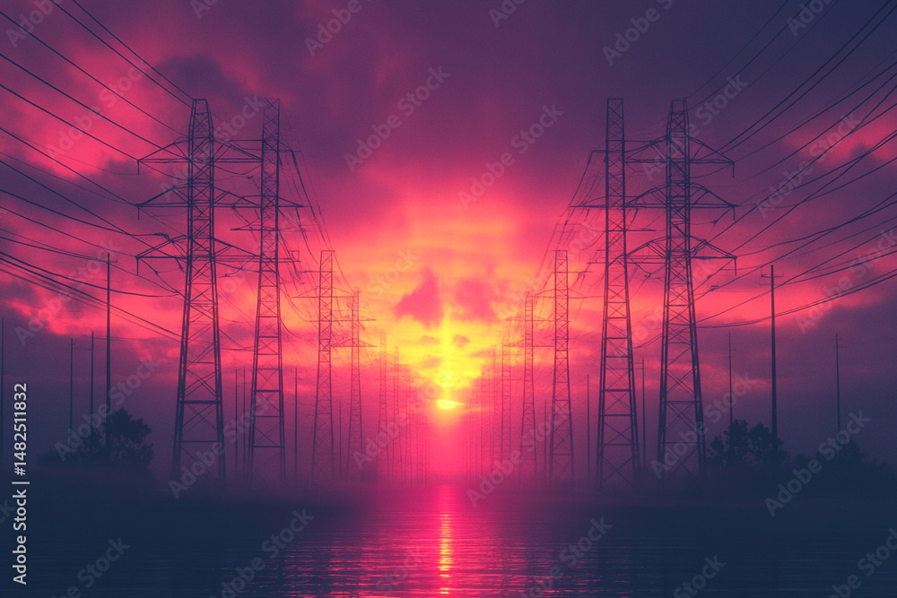 Fototapeta premium Electric towers at sunset reflecting in water a hazy pink sky