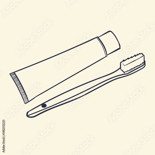 Simple line drawing of toothpaste tube and toothbrush for dental hygiene and oral care