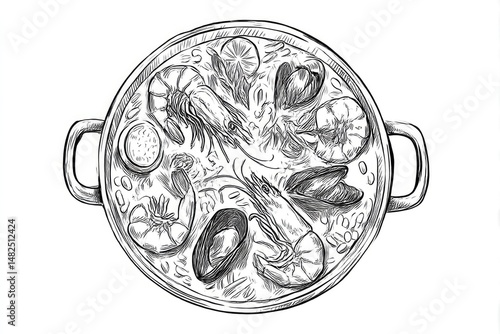 Fototapeta Naklejka Na Ścianę i Meble -  Seafood Paella Sketch Authentic Spanish Cuisine Illustration.