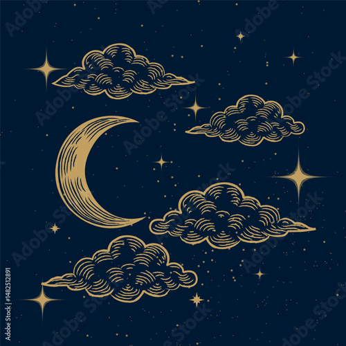 Starry magic night sky background. Bright golden moon, stars, clouds and constellations wallpaper. Space backdrop. Dark Sky with shiny stars. Vector Illustration.