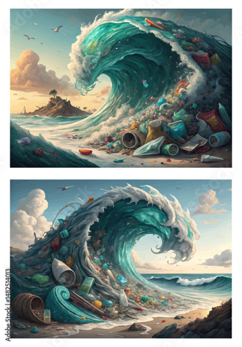 A powerful ocean wave made entirely of plastic waste. Each element of the wave consists of plastic bottles, bags, disposable tableware and other waste. About ocean pollution.