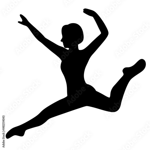 Silhouette of a young woman in a dynamic dance pose midleap