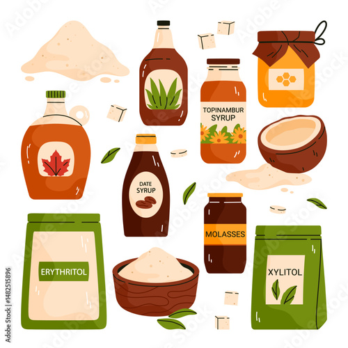 Set of natural organic sweeteners. Healthy sugar substitute collection. Vegan, gluten-free and diabetic-friendly product. Vector illustration in cartoon style. Isolated on white background