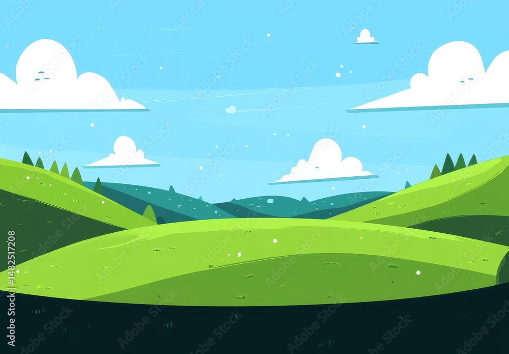 Fototapeta premium A serene landscape with rolling green hills under a blue sky with fluffy clouds