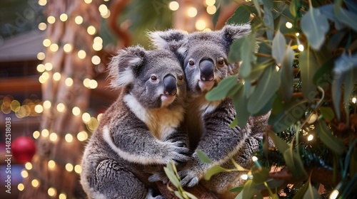 Festive Koalas: A Heartwarming Christmas Celebration – Adorable Eucalyptus-Loving Marsupials in Holiday Cheer, Wearing Santa Hats & Decorating Trees for a Whimsical Wildlife Holiday Scene